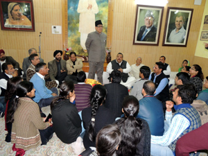 Minister for Higher Education Mohd Akbar Lone addressing a gathering at Sher-e-Kashmir Bhavan on Monday.
