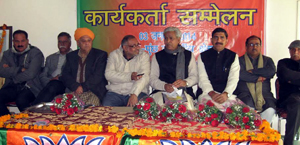 Ram Lal and Avinash Rai Khanna at BJP workers meet at Jammu on Friday. —Excelsior/ Rakesh