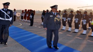 Air Marshal S S Soman receiving guard of honour  during his visit to Air Force Station Jammu on Monday.
