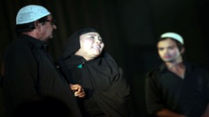 A scene from Dogri play ‘Khede Khede Ch’ staged at GCW auditorium at Jammu on Thursday.