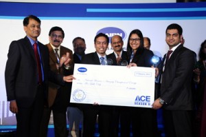 Dignitaries presenting cheque to winner of second edition of ACE-II at Gurgaon on Friday.