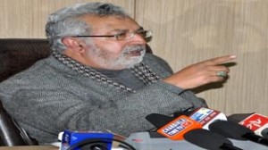 Minister for Medical Education Taj Mohi-ud-Din addressing press conference at Jammu on Saturday.