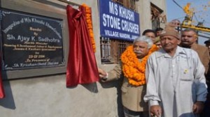 Minister for Planning Ajay Sadhotra inaugurating stone crusher at Marh on Wednesday.