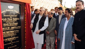 Chief Minister Omar Abdullah laying foundation stone of Jammu ropeway project on Monday.