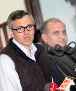 Chief Minister Omar Abdullah and Deputy Chief Minister Tara Chand, who headed the CSC, at a press conference in Jammu on Saturday.   —Excelsior/Rakesh