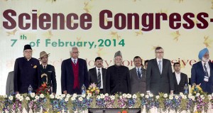 Vice-President Hamid Ansari, Chief Minister Omar Abdullah, Governor N N Vohra and others standing up for National Anthem during valedictory function of 101st Indian Science Congress at JU on Friday.  -Excelsior/Rakesh