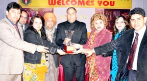 Minister for Health, Shabir Ahmad Khan, MLA Ashok Khajuria and other dignitaries during annual day celebration at Tiny Tots School, Roop Nagar in Jammu.