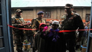 Kashmiri children in presence of top Army officers throwing open first drug de-addiction and dog bite care center at Haft Chinar in Srinagar on Saturday. - Excelsior/Amin War