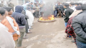 People protesting at Harni in Mendhar on Friday.