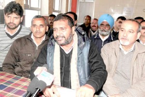 State general secretary of JKTF Ganesh Khajuria addressing press conference in Jammu.         -Excelsior/Rakesh