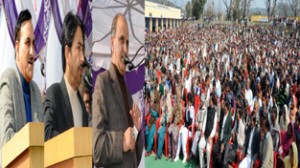 DyCM Tara Chand, Tourism Minister GA Mir and MLA G M Saroori addressing public gathering at Khour on Sunday.