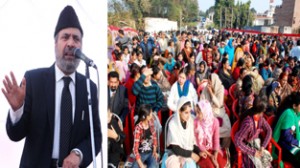 PDP leader Muzaffar Hussain Beigh addressing public meeting at Jammu on Sunday.