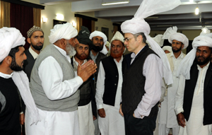 Chief Minister Omar Abdullah interacting with a deputation at Jammu on Wednesday.