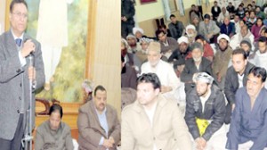 Minister for CAPD Ch Mohd Ramzan addressing a gathering at Sher-e-Kashmir Bhawan on Monday.