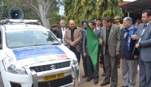 Minister for PHE Sham Lal Sharma flagging off vehicles for mobilization at Akhnoor on Friday.