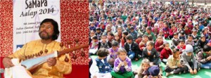 Pt Joydeep Ghosh on Sarod (left) and students enjoying music concert at R S Pura during SaMaPa Aalap on Sunday.