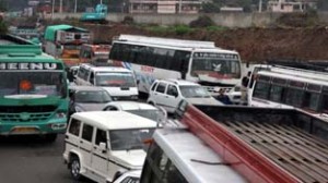 Traffic jam near Hotel Asia as bus operators blocked road on Saturday.-Excelsior/Rakesh