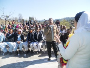Dr Darakhshan Andrabi addressing a rally at Agarti, district Rajouri on Wednesday.