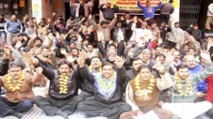 PHE employees protesting at B C Road Office Complex on Tuesday.-Excelsior/ Rakesh