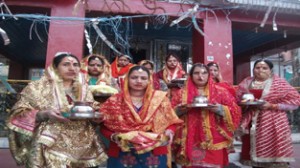 Women offering special Pooja in a temple during  `Kunchoth' festival in Bhaderwah. -Excelsior/ Tilak Raj