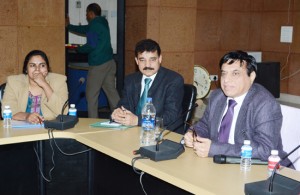 IT Commissioner A K Thatai interacting with top tax payers at Aayakar Bhawan, Jammu on Thursday.