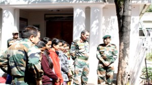 Students interacting with GOC White Knight Corps at Nagrota on Tuesday.
