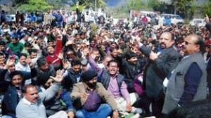 PHE leaders addressing a huge protest rally of workers at Reasi.