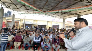 Cong leader Madan  Lal Sharma addressing election meeting in Jammu on Wednesday.