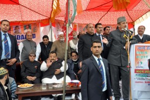 Union Minister and Congress leader Ghulam Nabi Azad addressing a public meeting in Nowshera on Friday.