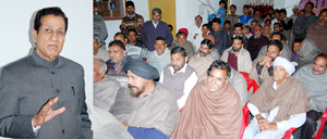 Former Minister R S Chib addressing public meeting in Suchetgarh.