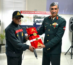 General Officer Commanding, Rising Star Corps, presenting Ice Axe to expedition team leader.