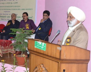 JU VC Prof MPS Ishar addressing during a seminar in University Campus on Friday.