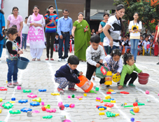 Children busy in sports activity while celebrating Annual Sports Day at Lord Mahavira School in Jammu.