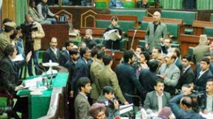 PDP MLAs protesting in the Well of Assembly on Monday.  -Excelsior/Rakesh