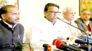 National general secretary of BSP, Narinder Kashyap addressing press conference in Jammu on Monday.  -Excelsior/ Rakesh