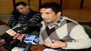 Minister of State for Revenue, Ajaz Ahmed Khan addressing a press conference at Jammu on Sunday.