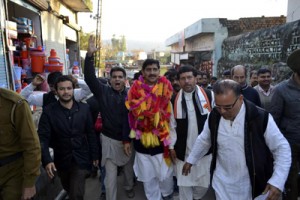 Jugal Kishore Sharma campaigning at Nowshera on Wednesday.