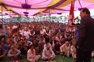 MLA, S S Slathia addressing public gathering at Vijaypur on Wednesday.