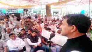 Jugal Kishore Sharma addressing a party rally at Vijaypur on Sunday.    —Excelsior/Rakesh