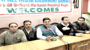YAIKS leaders at a press conference at Jammu on Tuesday. — Excelsior/Rakesh