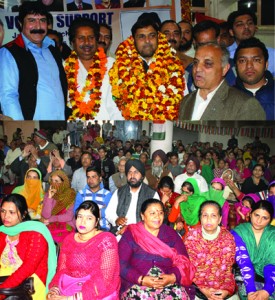 Coalition candidate Madan Lal Sharma & Minister for Housing Raman Bhalla during a meeting at Jammu on Friday.