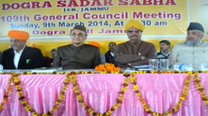 Former Sadr-e-Riyasat, Dr Karan Singh and Ex-Minister G S Charak at Dogra Sadar Sabha Council meet in Jammu on Sunday. -Excelsior/ Rakesh