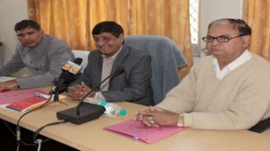 Prof P N Shastri (Middle) addressing a press conference in Ranbir Campus Kot-Bhalwal on Friday. —Excelsior/Rakesh