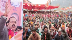 Dr Jitendra Singh addressing a public rally in Doda on Sunday. —Excelsior/Tilak Raj