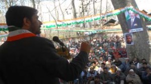 Minister for Tourism Ghulam Ahmad Mir addressing public meeting at Srinagar on Wednesday.