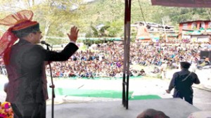 Union Minister and Congress candidate Ghulam Nabi Azad addressing a public meeting at Bani on Saturday. 