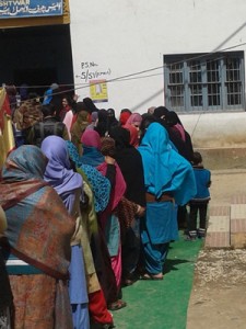 A large queue of women at Kishtwar town on Thursday.