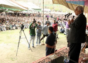 PDP patron Mufti Mohammad Sayeed addressing an election rally on Friday.