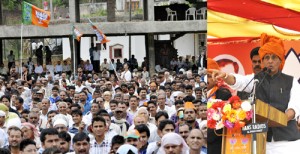 BJP president Rajnath Singh addressing an election rally at Udhampur on Tuesday. -Excelsior/K Kumar