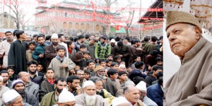 NC president, Dr Farooq Abdullah addressing a public meeting at Khan Sahib on Tuesday.